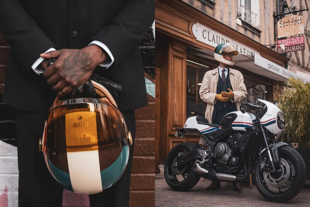 Rider élégant avec casque Hedon devant une préparation FCR Accessoires, collection lifestyle, vêtements et équipement pour motards français