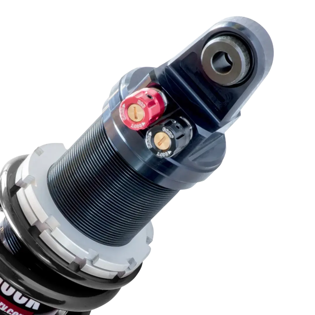 Vue de détail des réglages de l’amortisseur Shock Factory M-Shock 2 noir pour Triumph Rocket 3, molettes séparées de compression et de détente.
