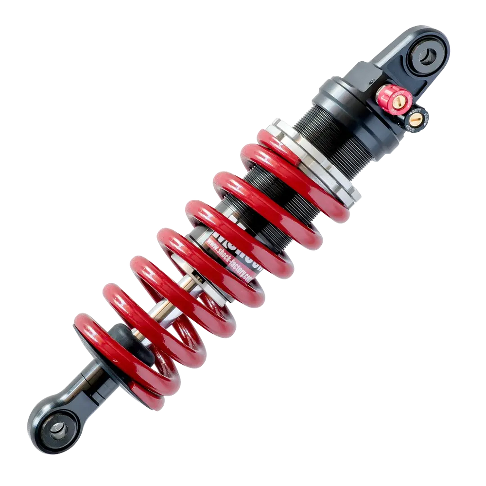 Amortisseur complet Shock Factory M-Shock 2 rouge pour Triumph Rocket 3 R / GT, ressort et corps réglables pour un contrôle maximal.