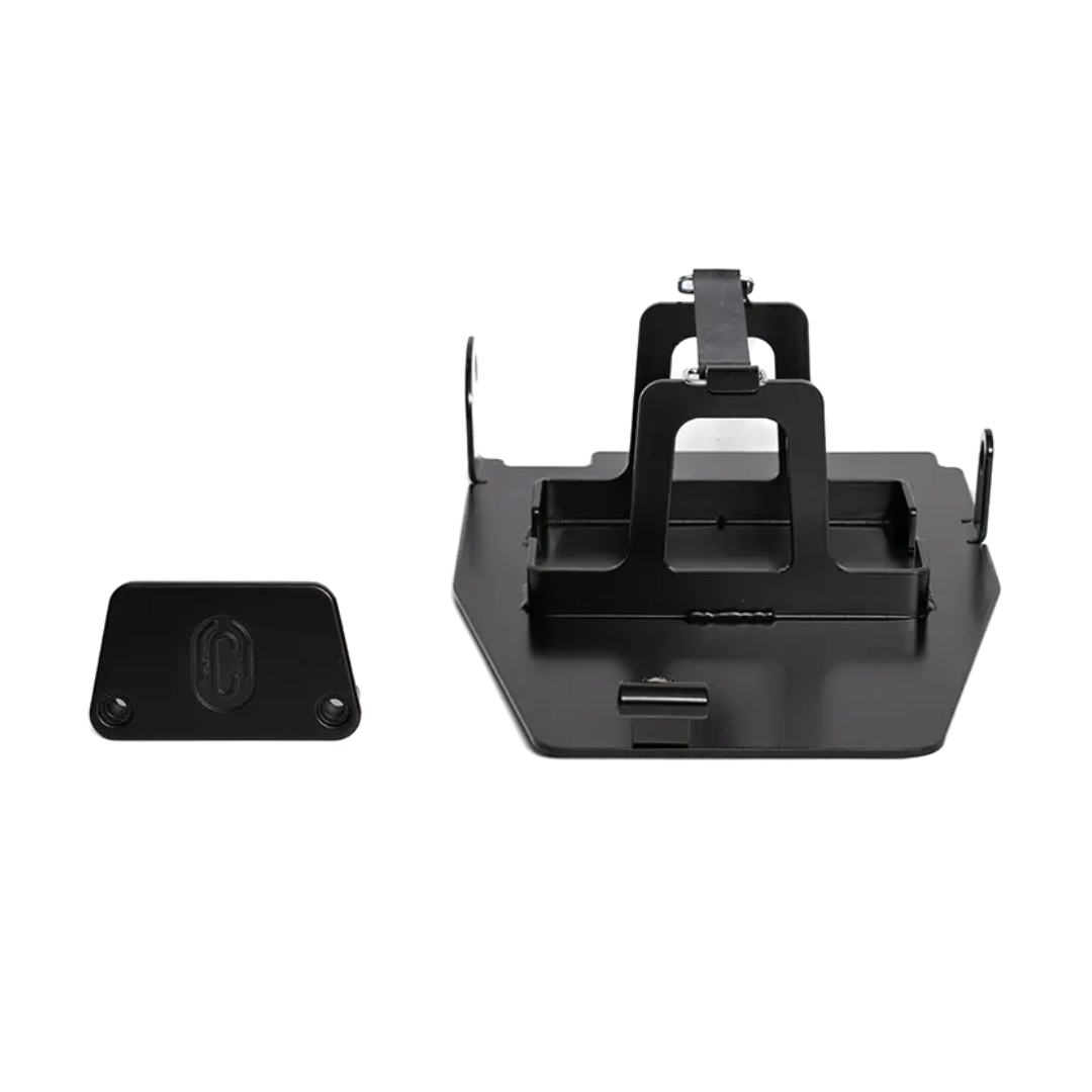 Bac a Batterie BMW R nineT FCR Original - bac inox noir et cache recepteur embrayage vus de face sur fond blanc