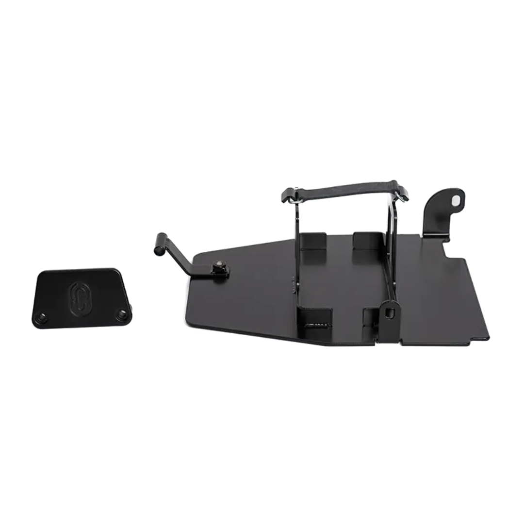 Bac a Batterie BMW R nineT FCR Original - bac inox noir et cache recepteur embrayage vus de profil sur fond blanc