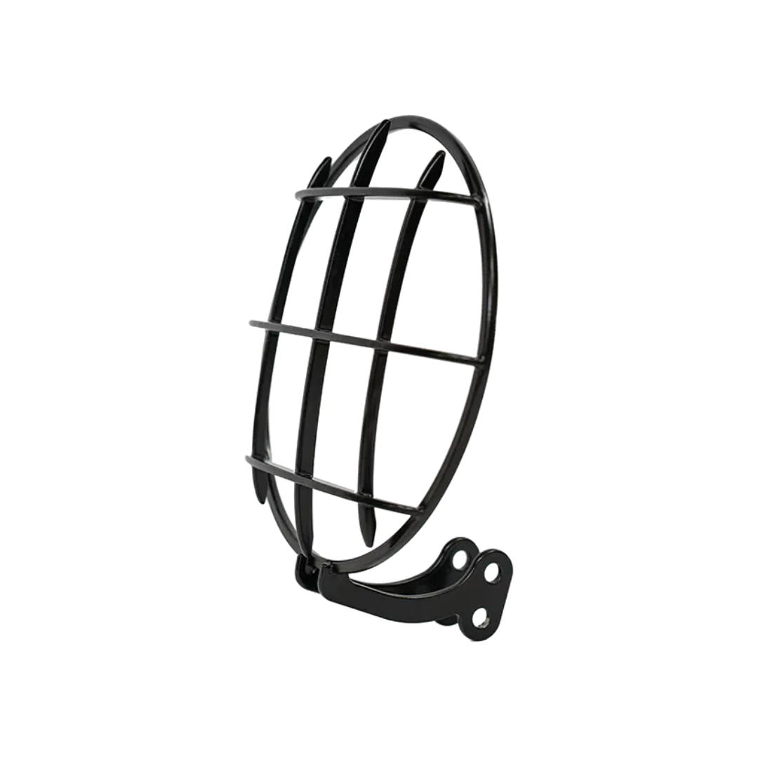 Grille de Phare BMW R nineT FCR Original - grille de protection ronde a barreaux noire avec patte de fixation, vue de trois quarts sur fond blanc