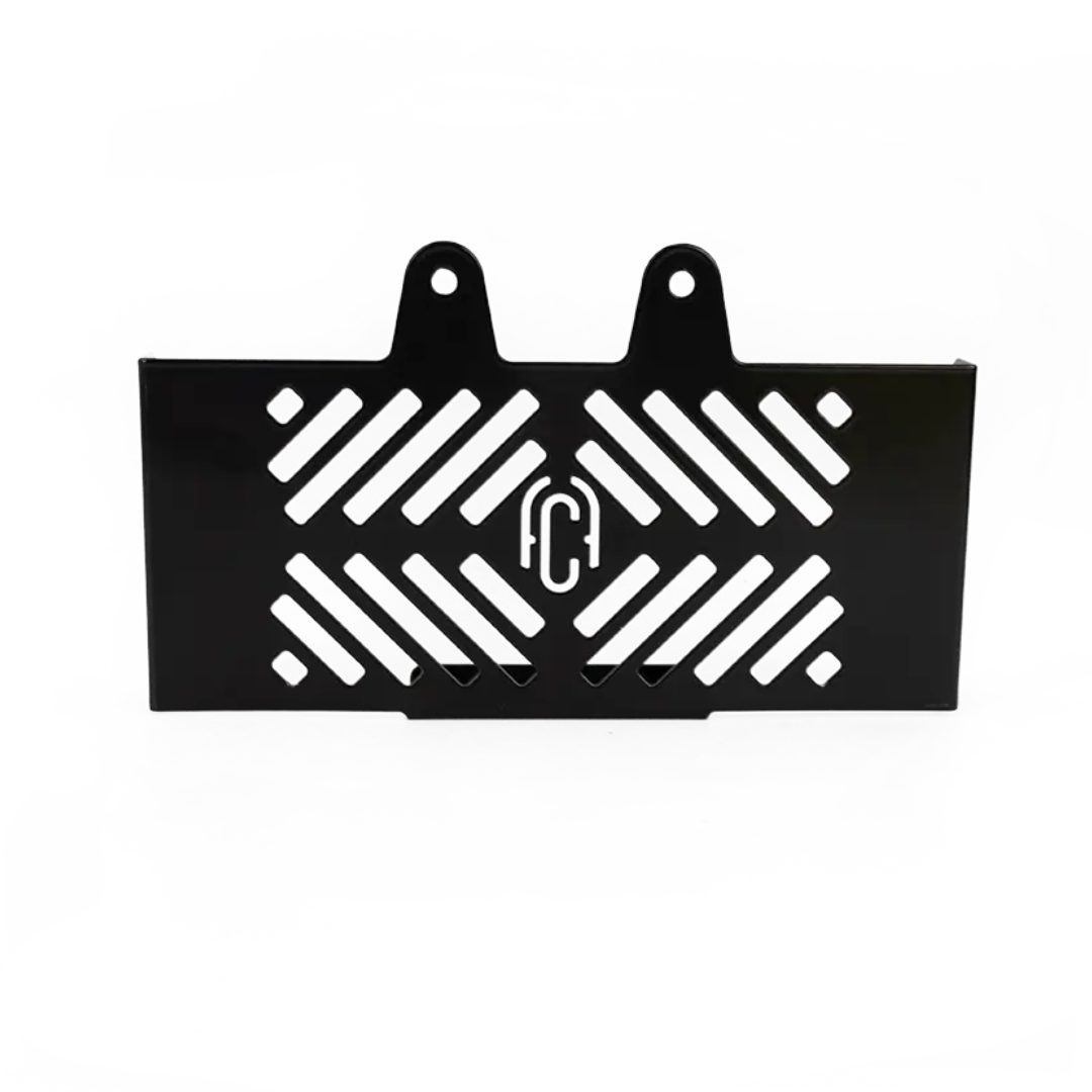 Grille de Radiateur a Retours BMW R NineT FCR Original - finition noire vue de trois quarts motif decoupe et logo FCR