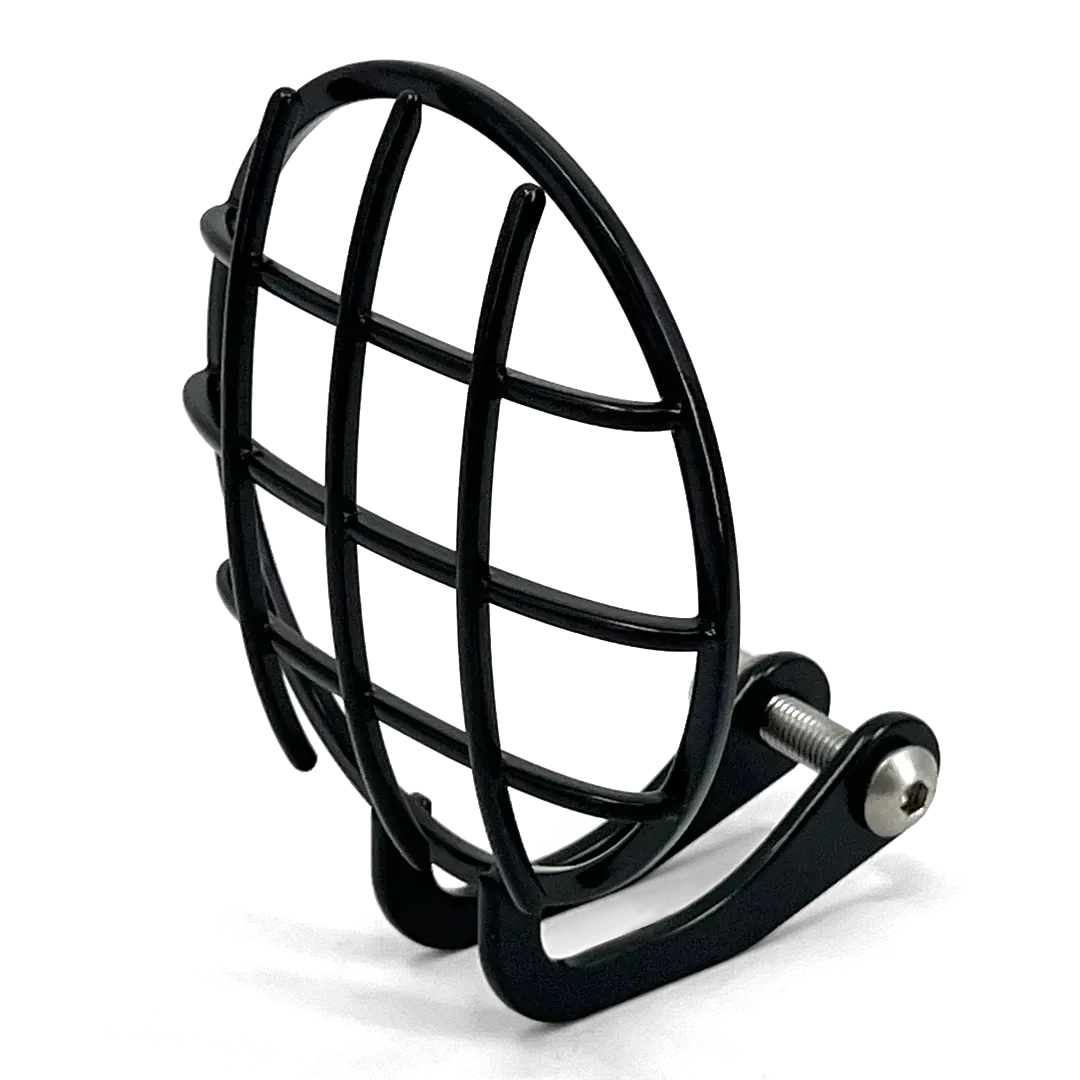 Front view of the black FCR Accessoires Headlight Grill - elegant protection for the original Triumph Bobber headlight.