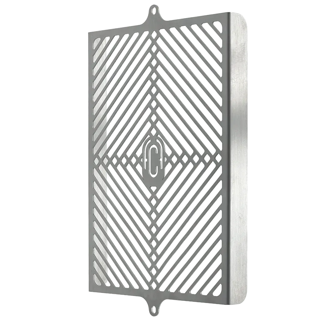 Oblique view of the brushed stainless steel Radiator Grill FCR Accessoires – high-end accessory for Triumph Bobber after 2016.