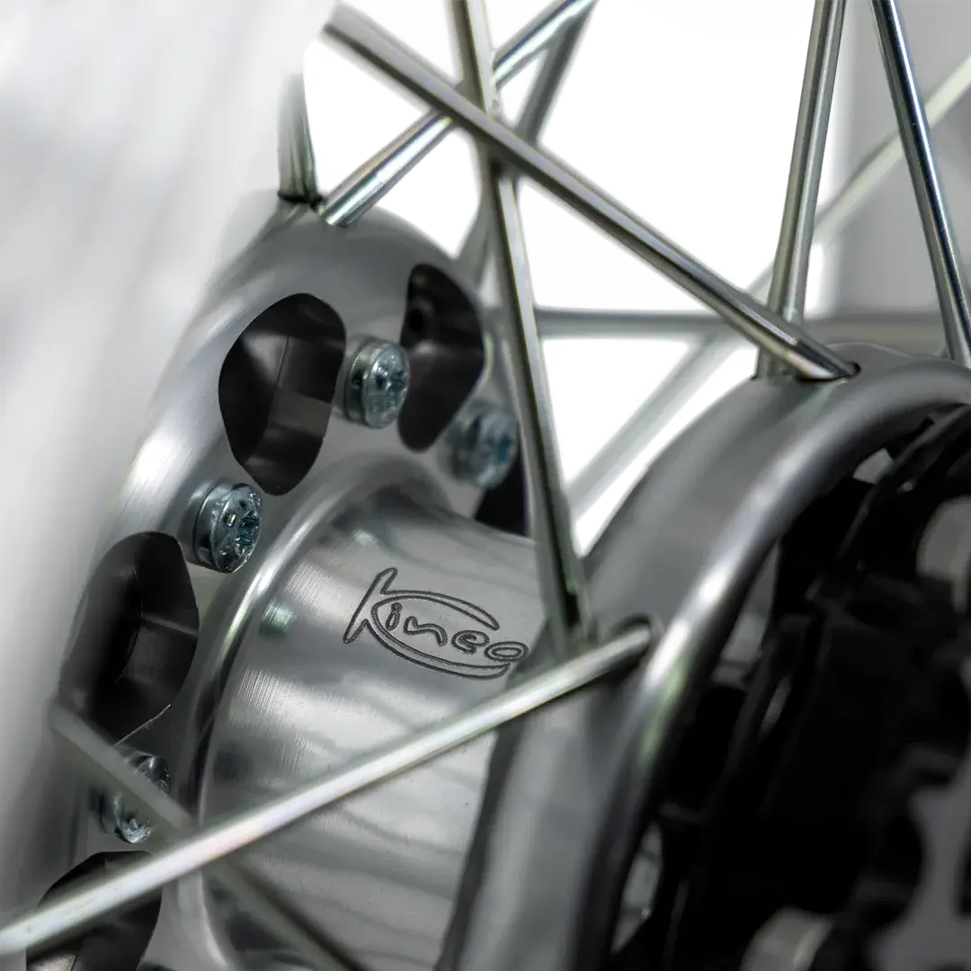 Roue arriere Kineo a rayons brossee montee gros plan Triumph Bonneville T120 FCR Accessoires