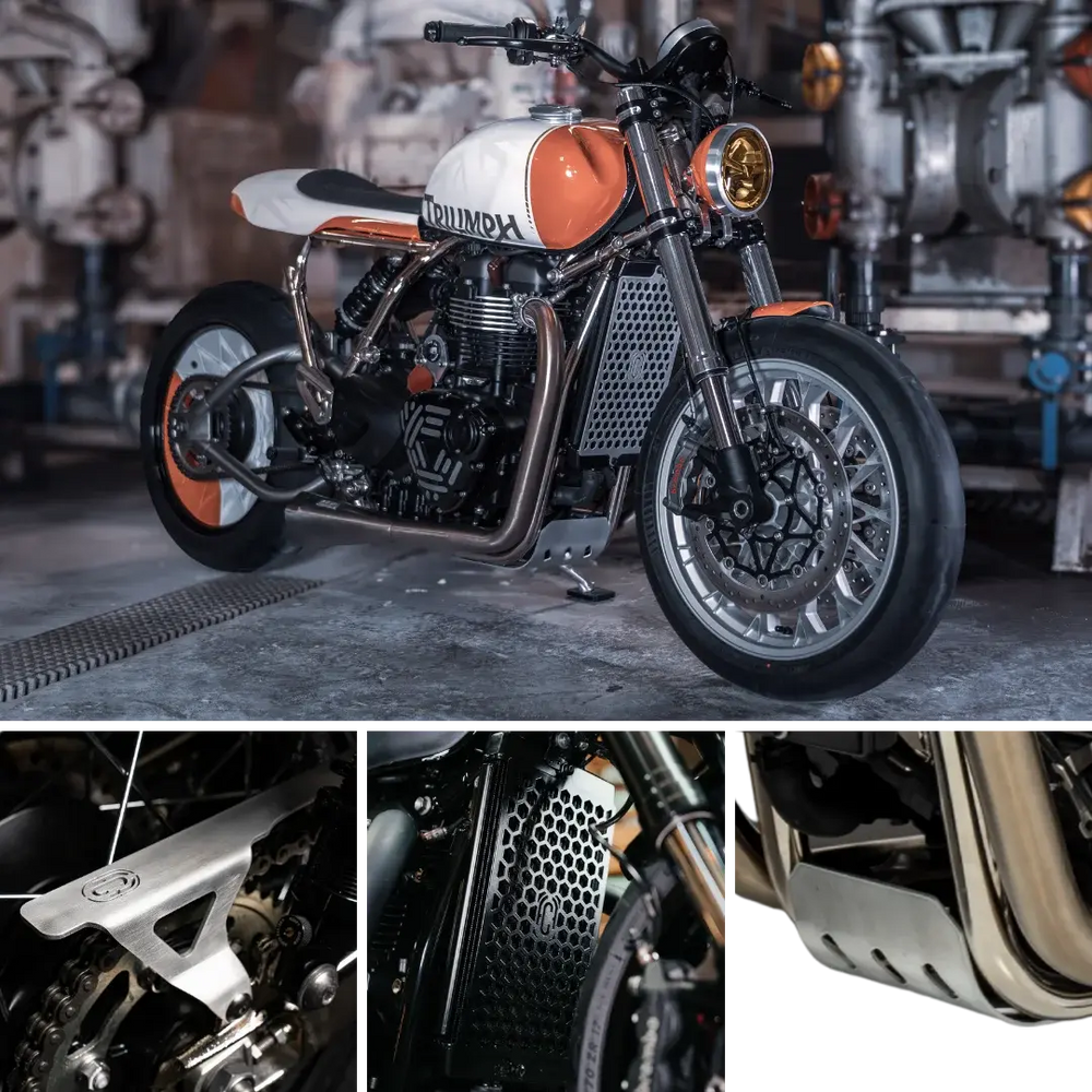 Kit Indispensables Triumph Modern Classic FCR Original - moto equipee et gros plans grille de radiateur protege-chaine et sabot moteur montes