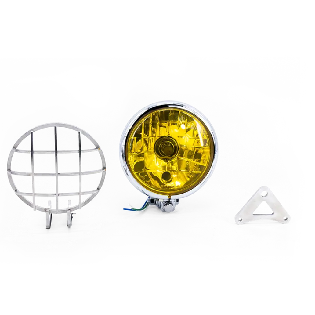 Kit Phare Triumph FCR Original - phare rond verre jaune, grille et support, vue eclatee du kit sur fond blanc