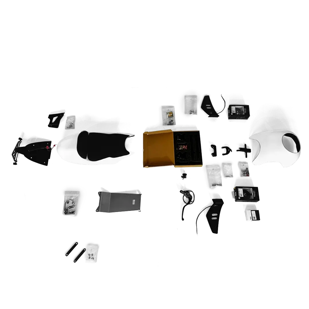 Kit Trident RS brut FCR Accessoires pour Triumph Trident 660, vue éclatée avec coque arrière brute, selle monoplace et pièces non peintes