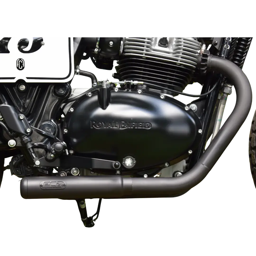 Ligne d'échappement Royal Enfield montée sur moto - vue moteur et collecteur