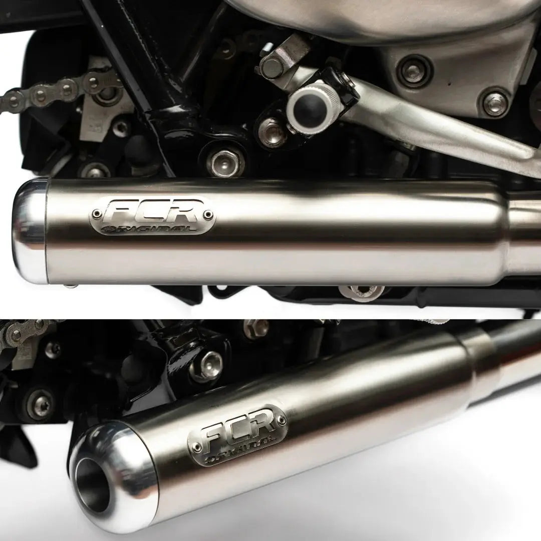 Ligne d’échappement inox brossé FCR Accessoires pour Triumph Bobber 1200 – tubes et silencieux en acier inoxydable, fabrication française.