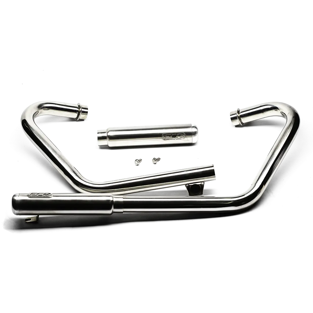 Ligne d’échappement inox brossé FCR Accessoires pour Triumph Bobber 1200 – tubes et silencieux en acier inoxydable, fabrication française.