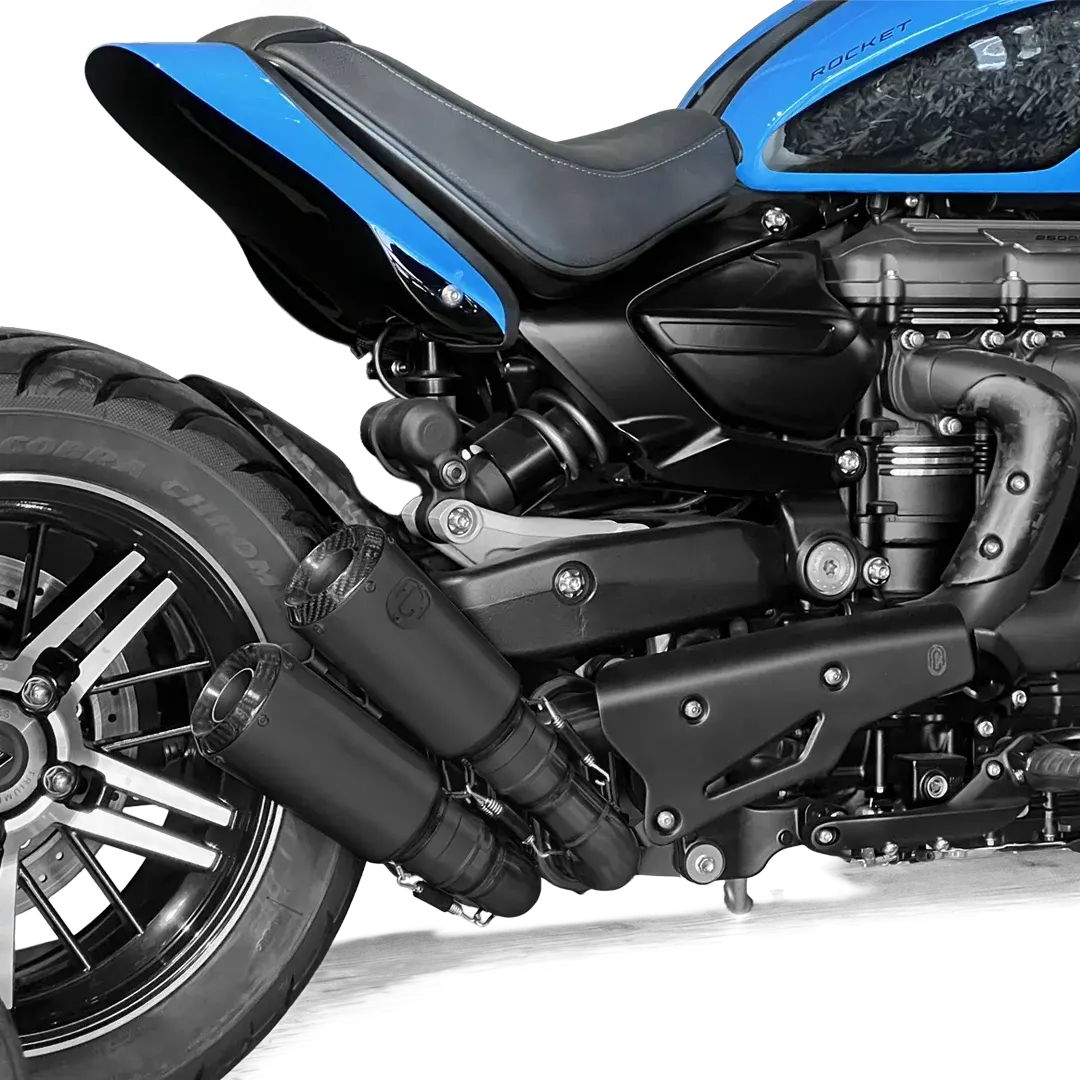 Double silencieux court FCR Accessoires installé sur Triumph Rocket 3, finition inox titane
