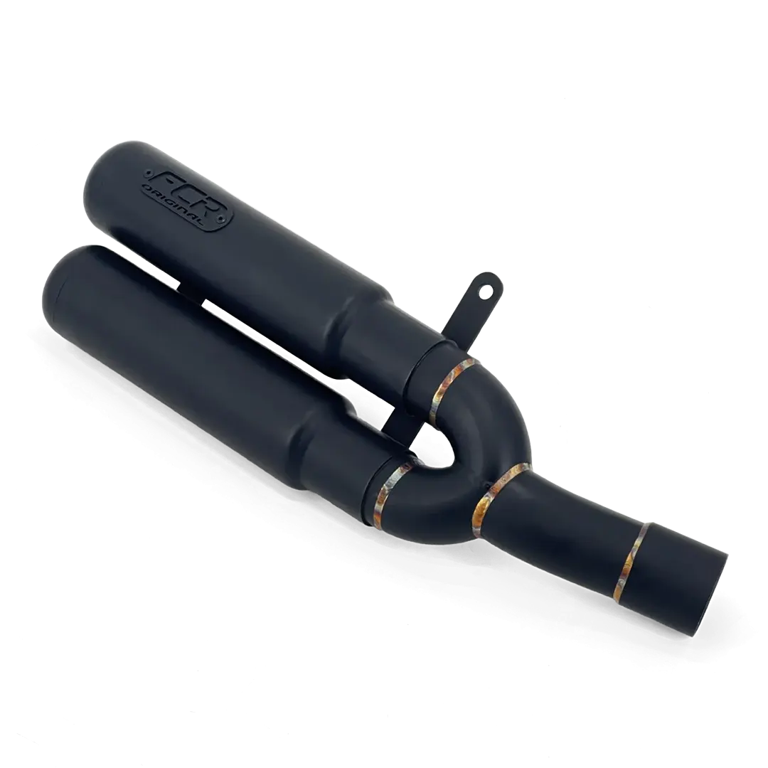 Détail soudures échappement Triumph 400 silencieux noir