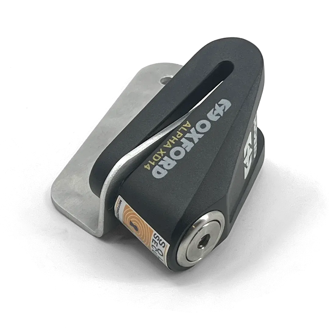 Support bloque-disque Triumph FCR en aluminium brossé avec antivol Oxford Alpha XD14 homologué SRA