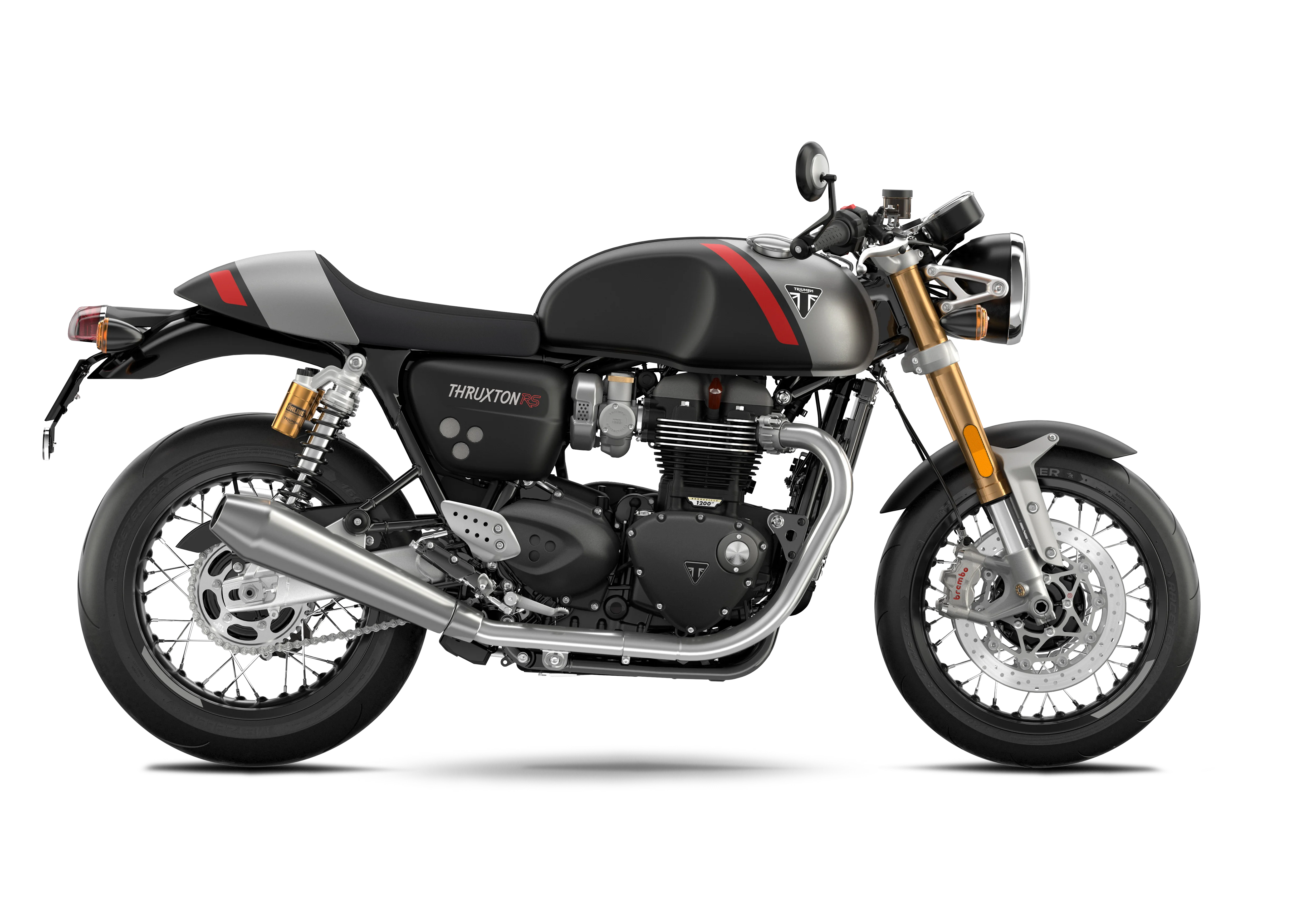 Triumph Thruxton d’origine avec ligne d’échappement stock en inox brut, configuration avant installation FCR Accessoires