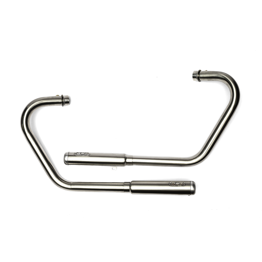 Ligne d’échappement FCR Accessoires en inox brossé pour Triumph Bobber 1200 – silencieux artisanal et finition haut de gamme.