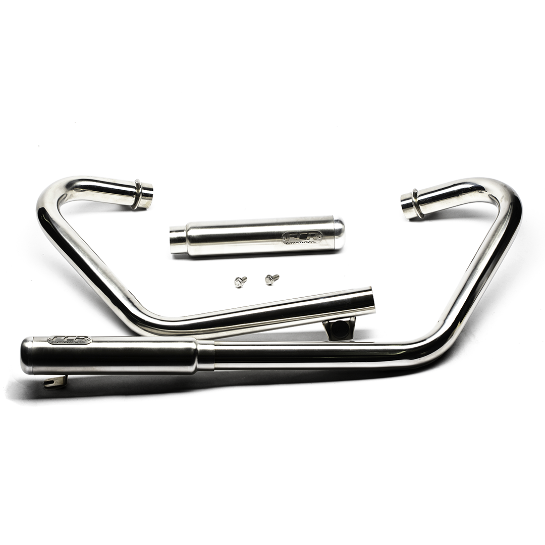 Ligne d’échappement inox brossé FCR Accessoires pour Triumph Bobber 1200 – tubes et silencieux en acier inoxydable, fabrication française.