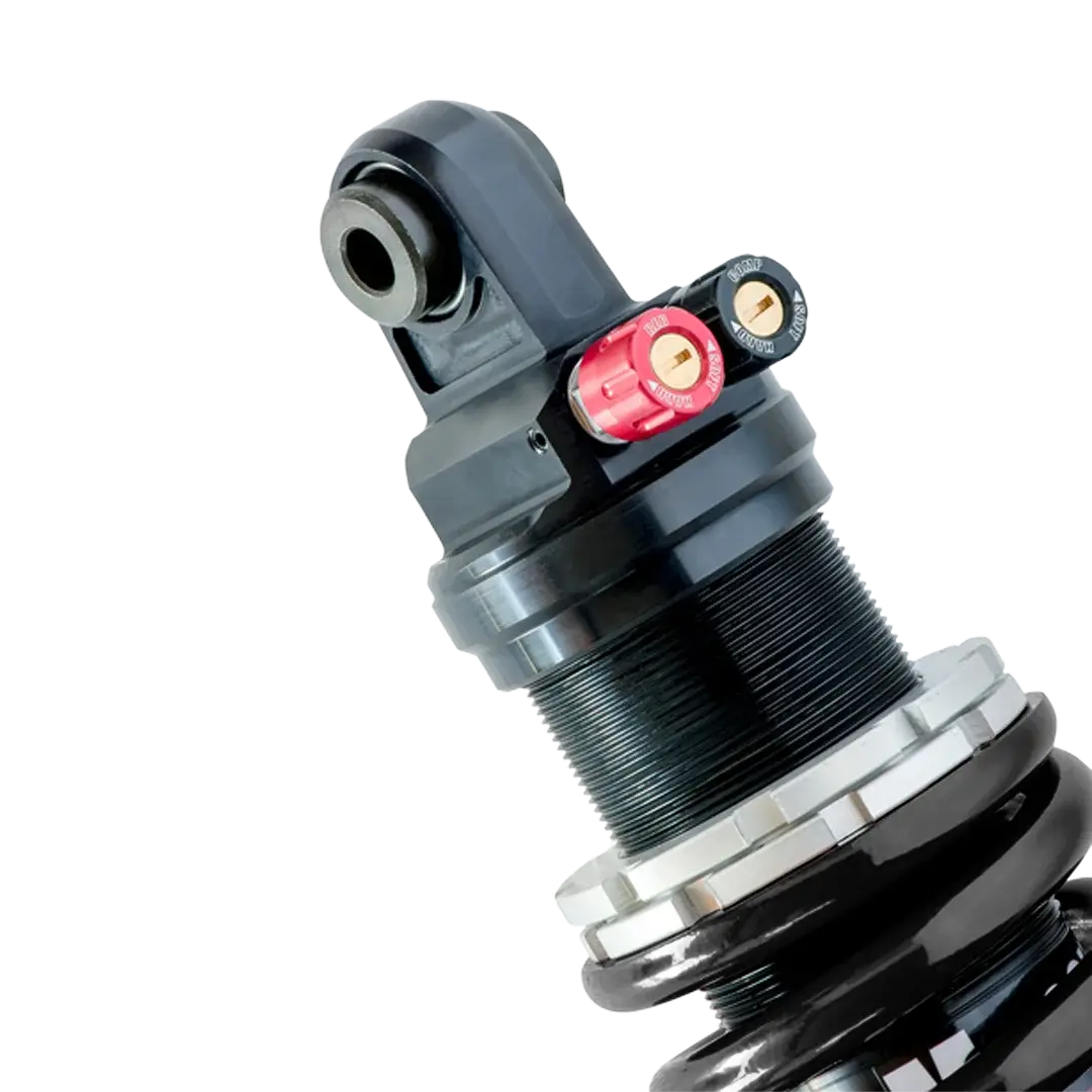 Tête d’amortisseur Shock Factory M-Shock 2 pour Triumph Rocket 3, finition noire avec doubles molettes de réglage haute précision.