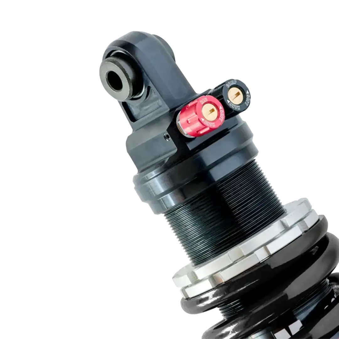 Tête d’amortisseur Shock Factory M-Shock 2 pour Triumph Rocket 3, finition noire avec doubles molettes de réglage haute précision.