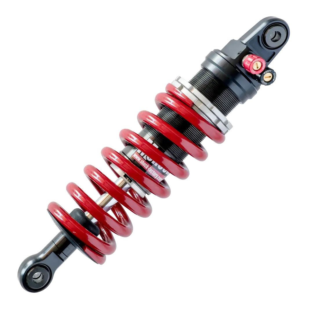 Amortisseur complet Shock Factory M-Shock 2 rouge pour Triumph Rocket 3 R / GT, ressort et corps réglables pour un contrôle maximal.