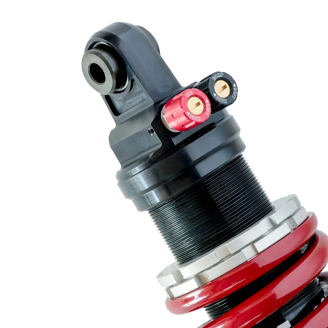 Tête d’amortisseur Shock Factory M-Shock 2 pour Triumph Rocket 3, finition rouge avec doubles molettes de réglage haute précision.