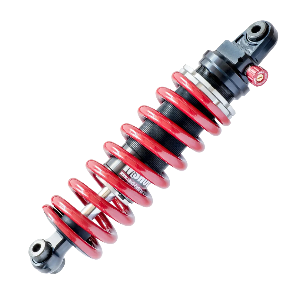 Amortisseur Shock Factory M-Shock rouge pour Triumph Speed 400 – suspension arrière réglable, performance et confort améliorés.