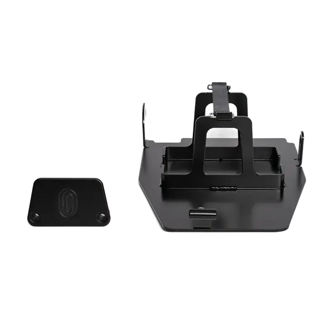 Bac a Batterie BMW R nineT FCR Original - bac inox noir et cache recepteur embrayage vus de face sur fond blanc