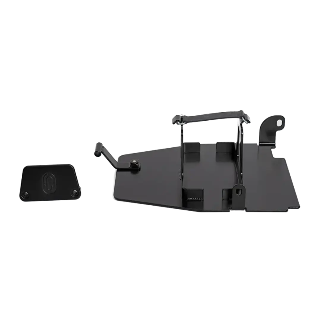 Bac a Batterie BMW R nineT FCR Original - bac inox noir et cache recepteur embrayage vus de profil sur fond blanc