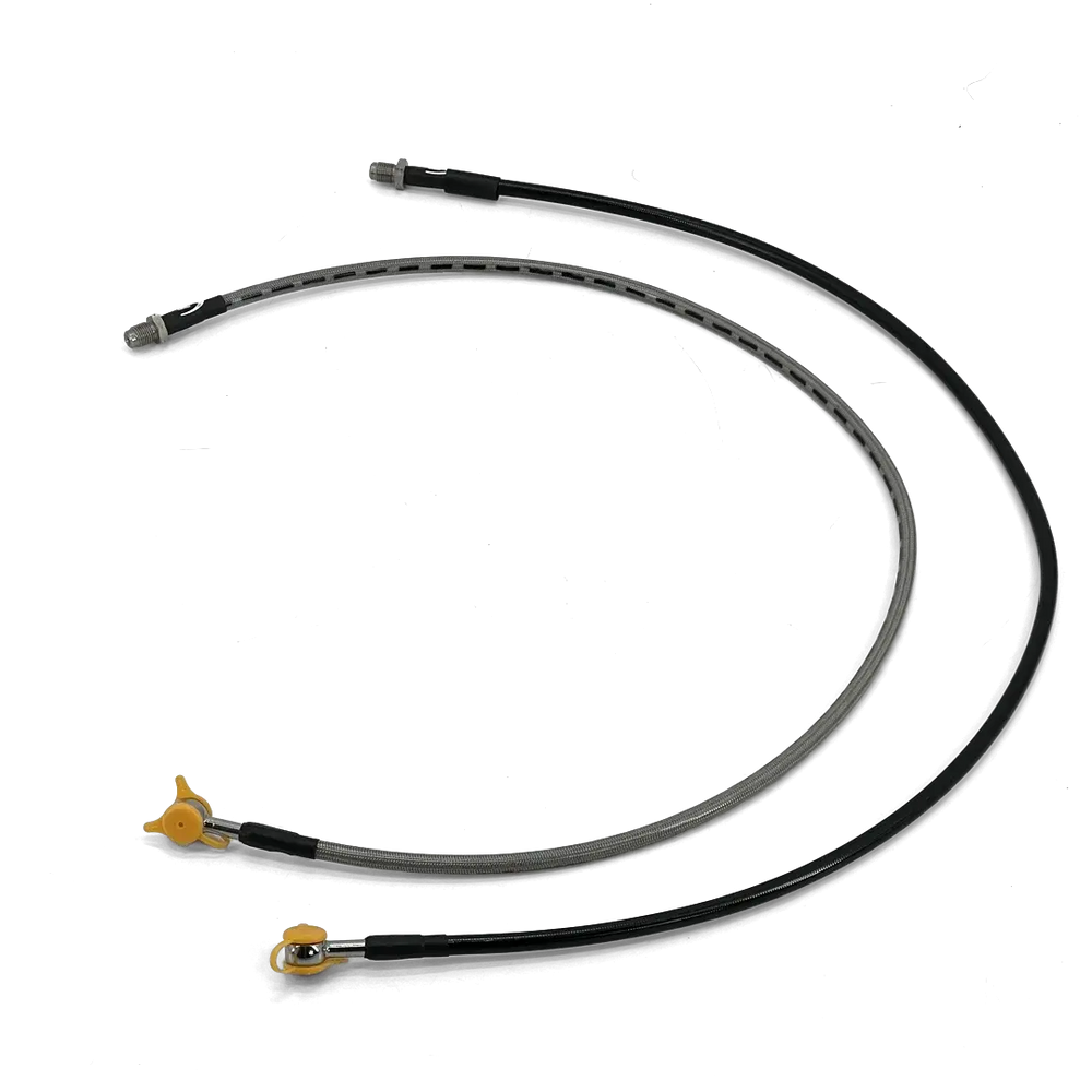 Durite de frein Banjo plat Triumph Thruxton et Scrambler 1200 - vue d'ensemble finitions inox tressé et noir