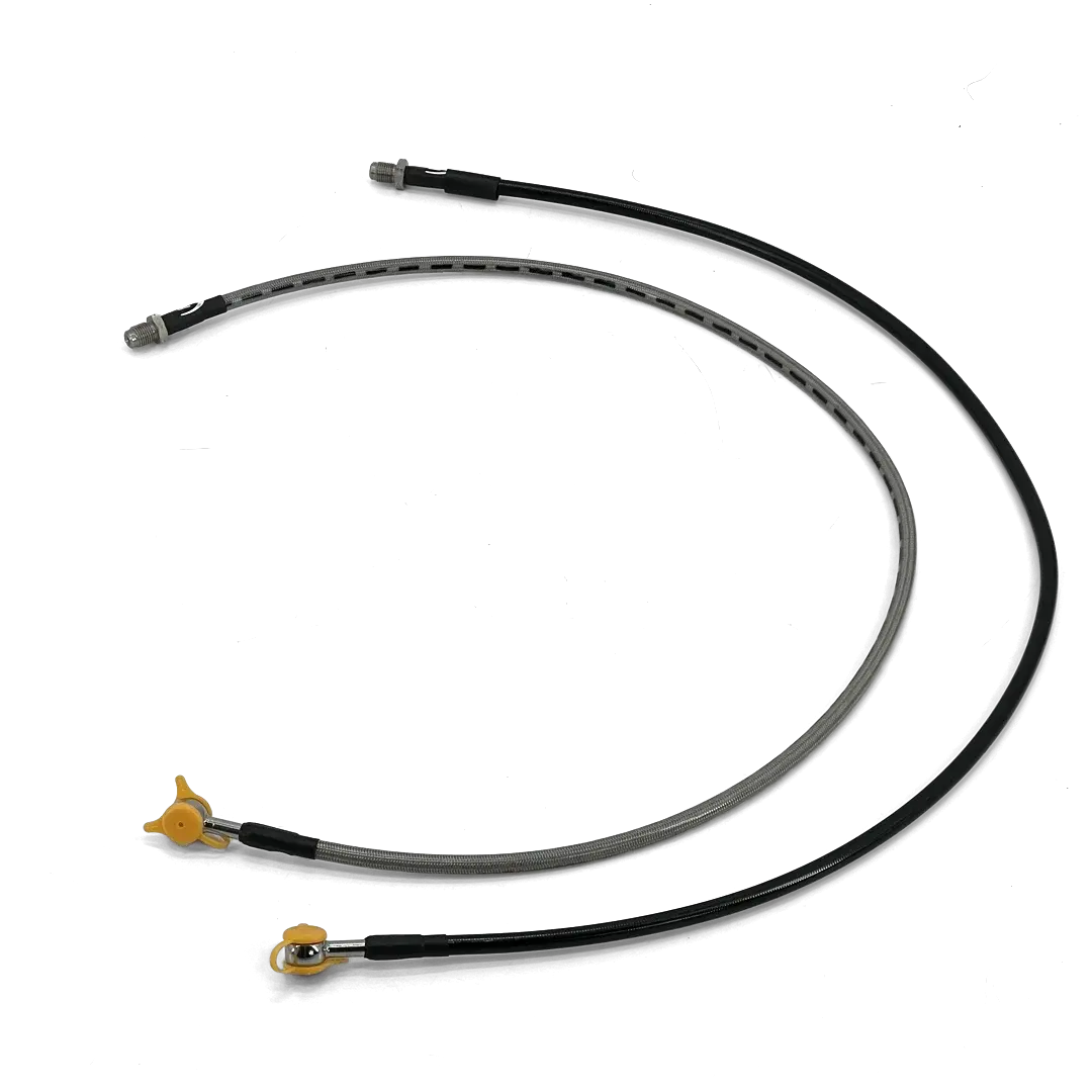 Durite de frein Banjo plat Triumph Thruxton et Scrambler 1200 - vue d'ensemble finitions inox tressé et noir