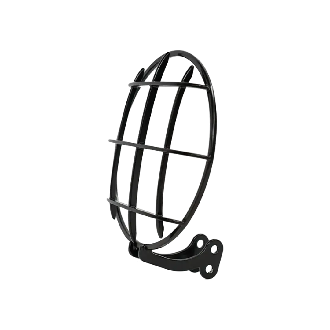 Grille de Phare BMW R nineT FCR Original - grille de protection ronde a barreaux noire avec patte de fixation, vue de trois quarts sur fond blanc