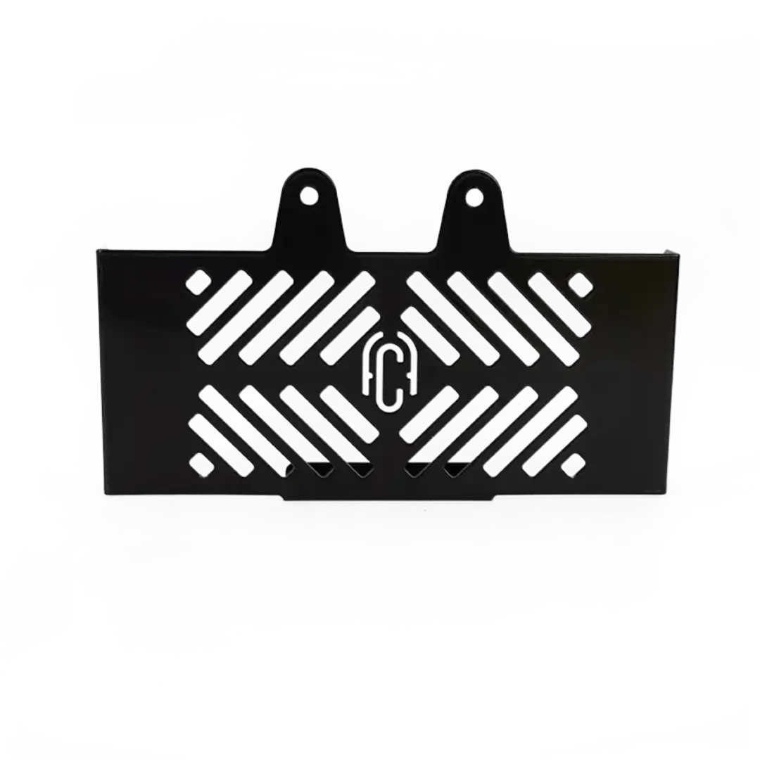 Grille de Radiateur a Retours BMW R NineT FCR Original - finition noire vue de trois quarts motif decoupe et logo FCR