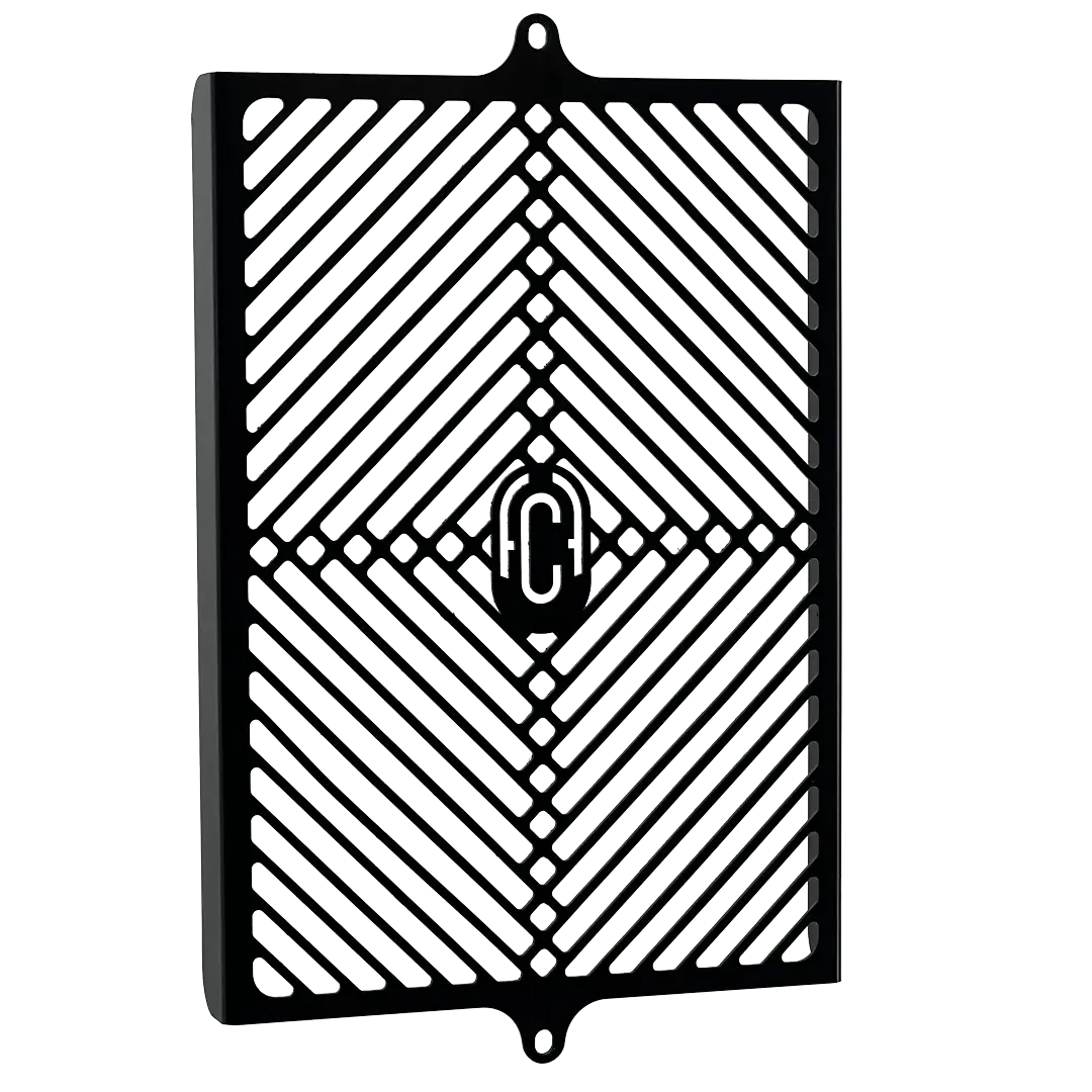 Black FCR Accessoires Radiator Grill  FCR Accessoires for Triumph Bobber - laser-cut aluminum guard, FCR Original design.