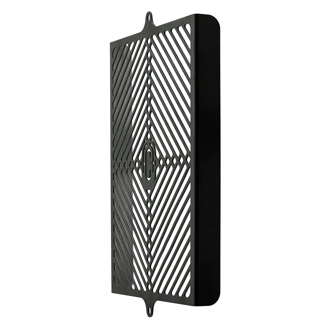 Side view of the black FCR Accessoires  Radiator Grill - premium motorcycle accessory, plug & play mounting on Triumph Bobber.