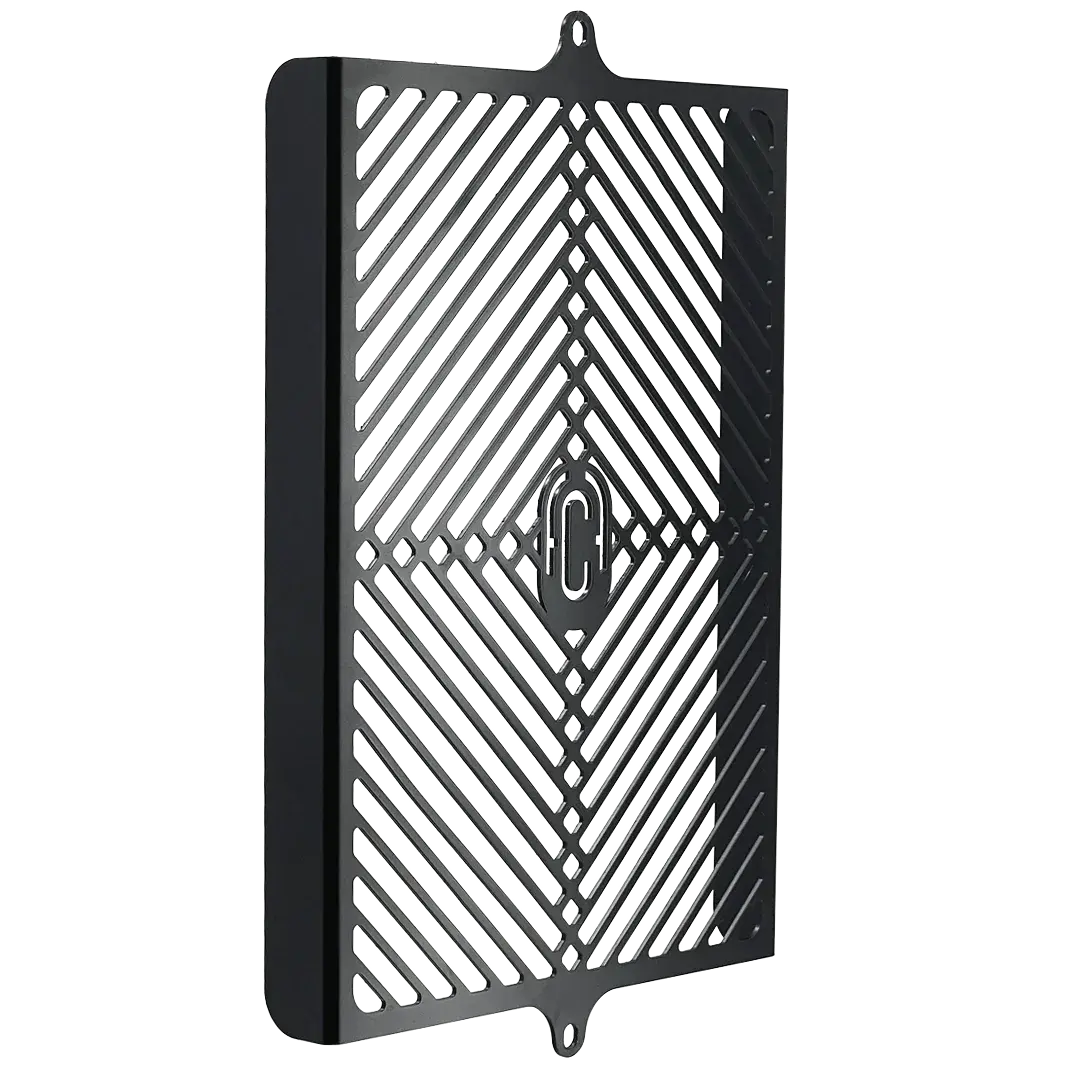 Radiator Grill FCR Accessoires for Triumph Bobber - front view, matte black aluminum with cut-out FCR logo.