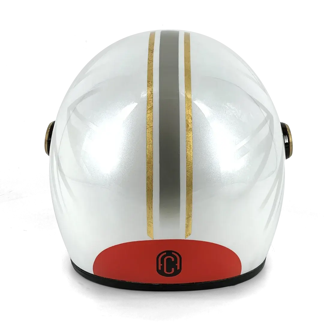 Casque Hedon Heroine Racer 2.0 Hail to the Twin - vue arrière signature logo FCR Original sur coque blanche perle