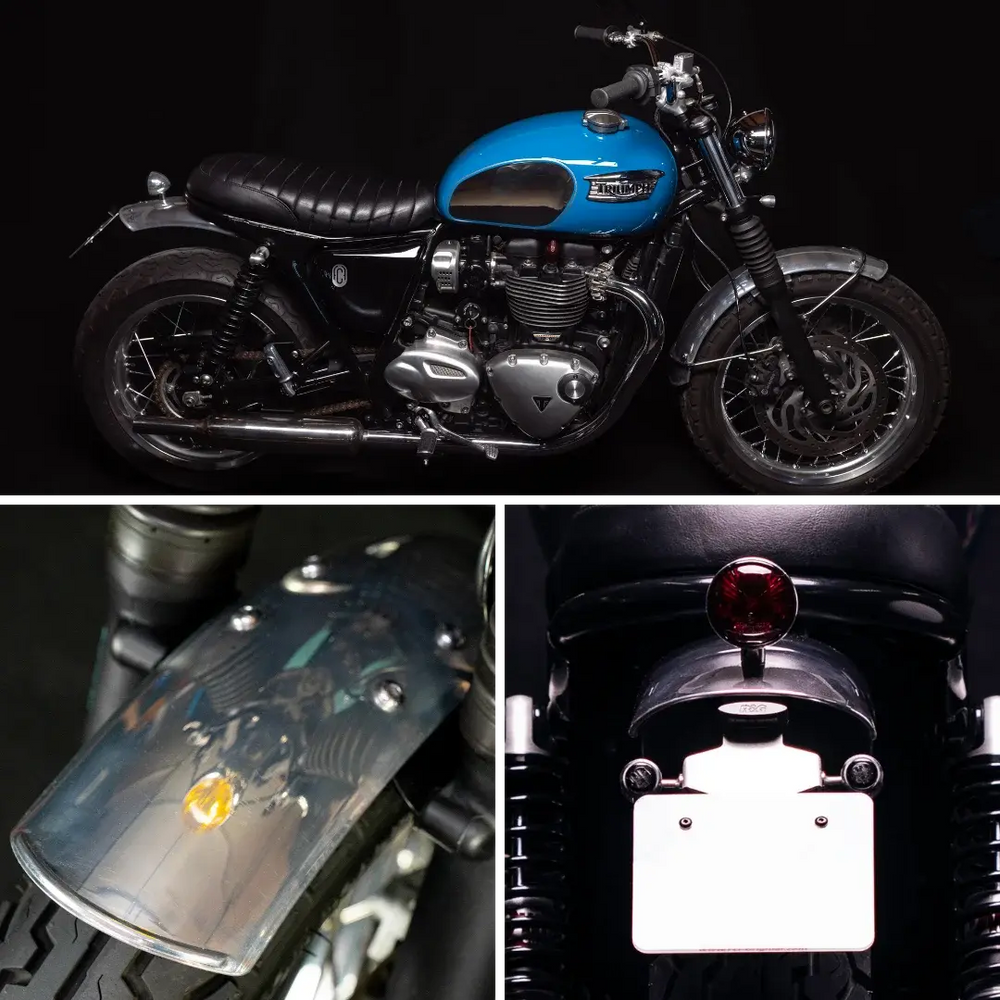 Kit Garde-Boues Complet Triumph Modern Classic FCR Original - monte sur Triumph bleue profil garde-boue avant et arriere avec plaque