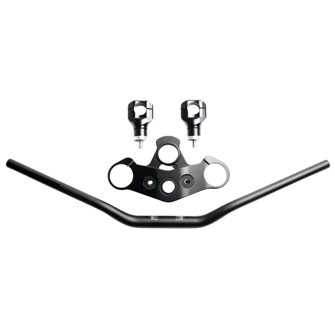 Kit Roadster Thruxton FCR Original - guidon et pontets en aluminium noir, vue de dessus sur fond blanc