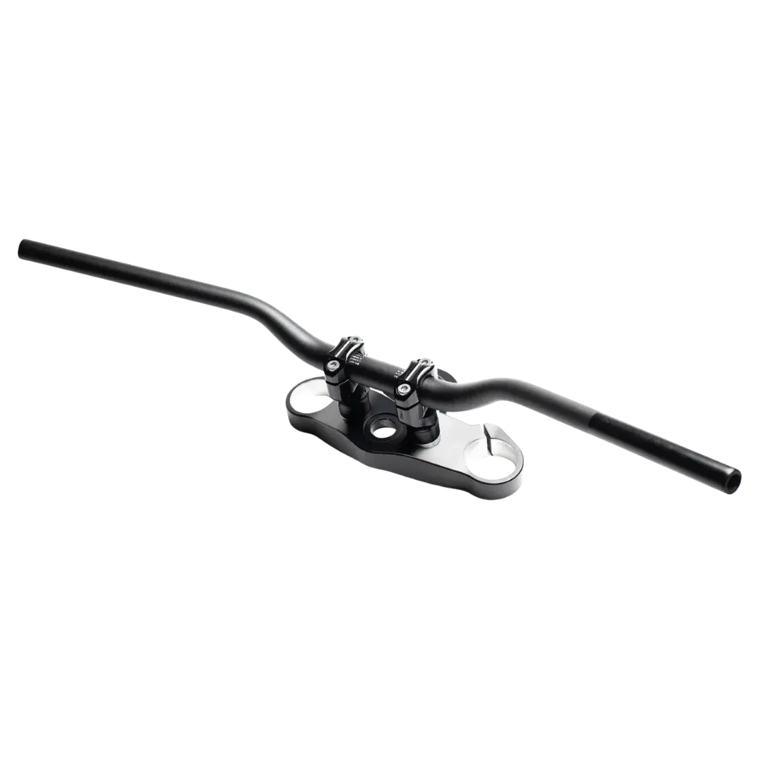 Te de fourche FCR Original -kit complet noir pour Triumph Thruxton, vue de trois quarts sur fond blanc