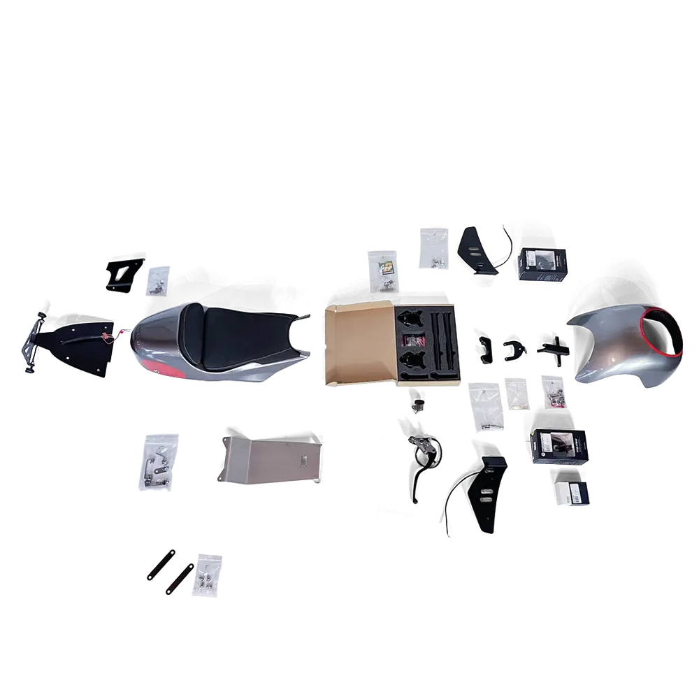 Kit Trident RS peint FCR Accessoires pour Triumph Trident 660, vue éclatée avec coque arrière monoplace peinte, selle sur mesure et éléments de montage