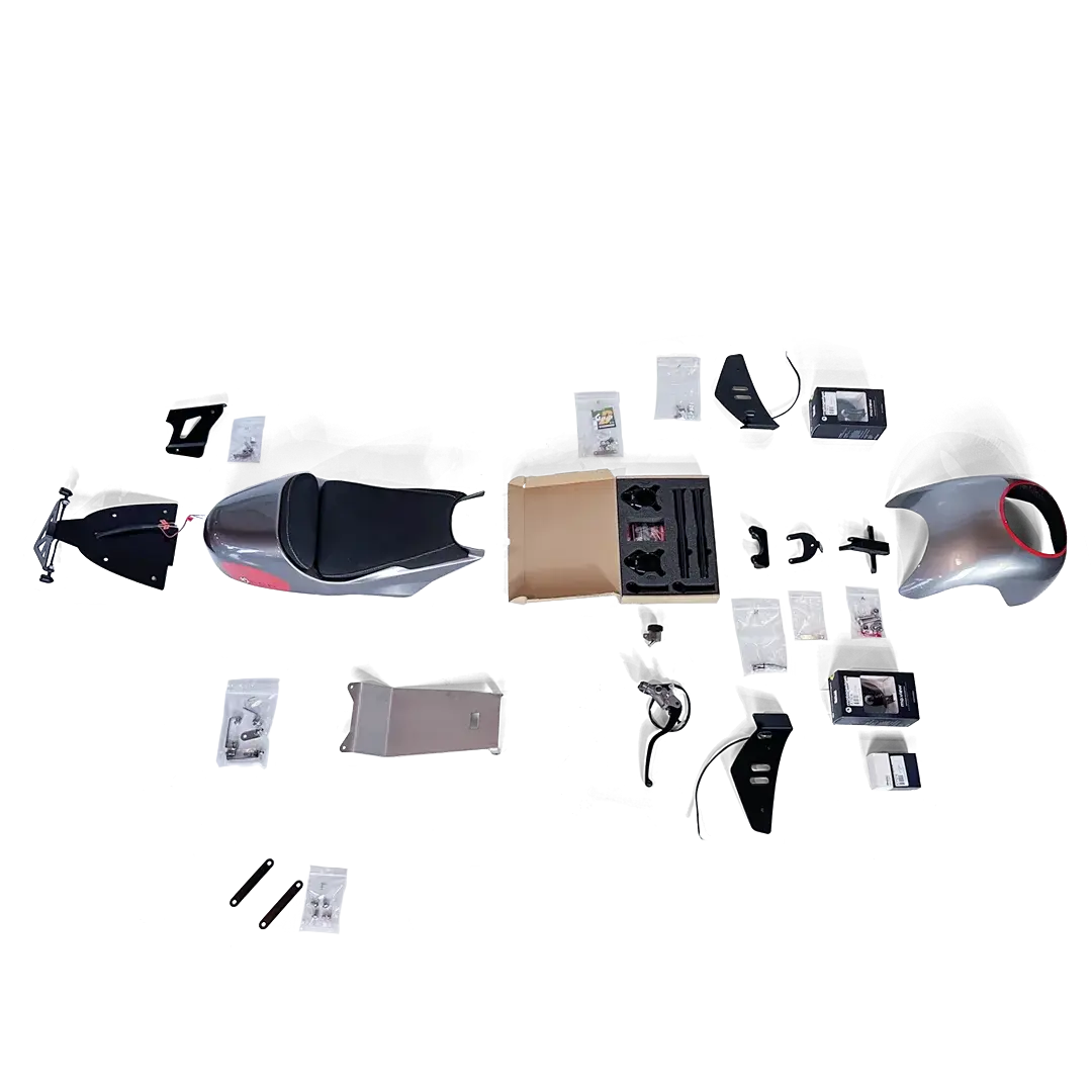 Kit Trident RS peint FCR Accessoires pour Triumph Trident 660, vue éclatée avec coque arrière monoplace peinte, selle sur mesure et éléments de montage