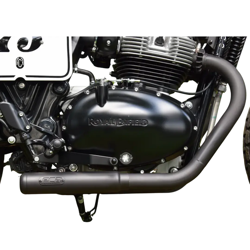 Ligne d'échappement Royal Enfield montée sur moto - vue moteur et collecteur
