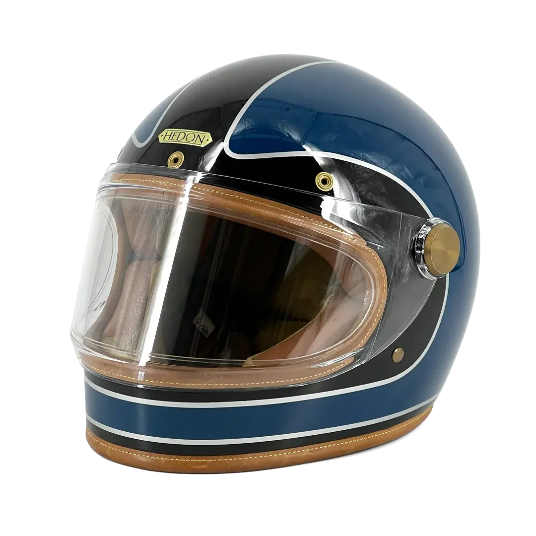 Casque Hedon Heroine Racer 2.0 Midnight Racer édition limitée FCR Original - vue trois quarts avant gauche bleu nuit et bordure cuir camel
