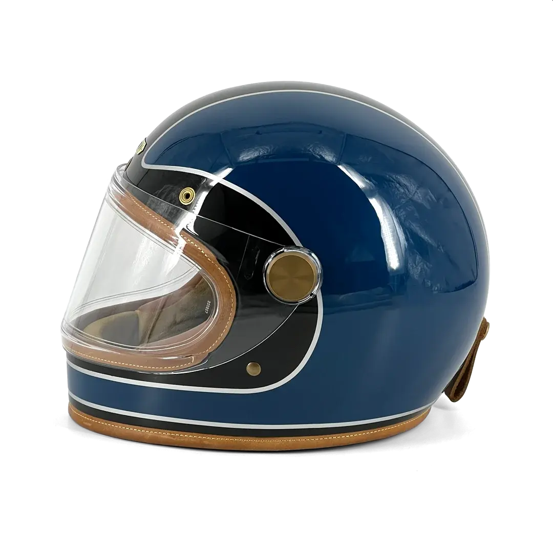Casque Hedon Heroine Racer 2.0 Midnight Racer - vue de profil gauche bordure cuir camel et plaque Hedon laiton