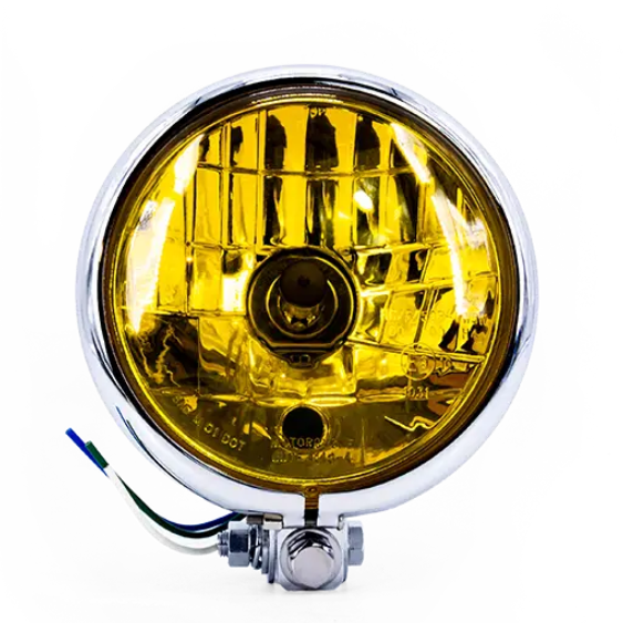 Phare rond avant Triumph Vintage Bates, optique jaune et cuvelage argent, vue de face avec câblage apparent.