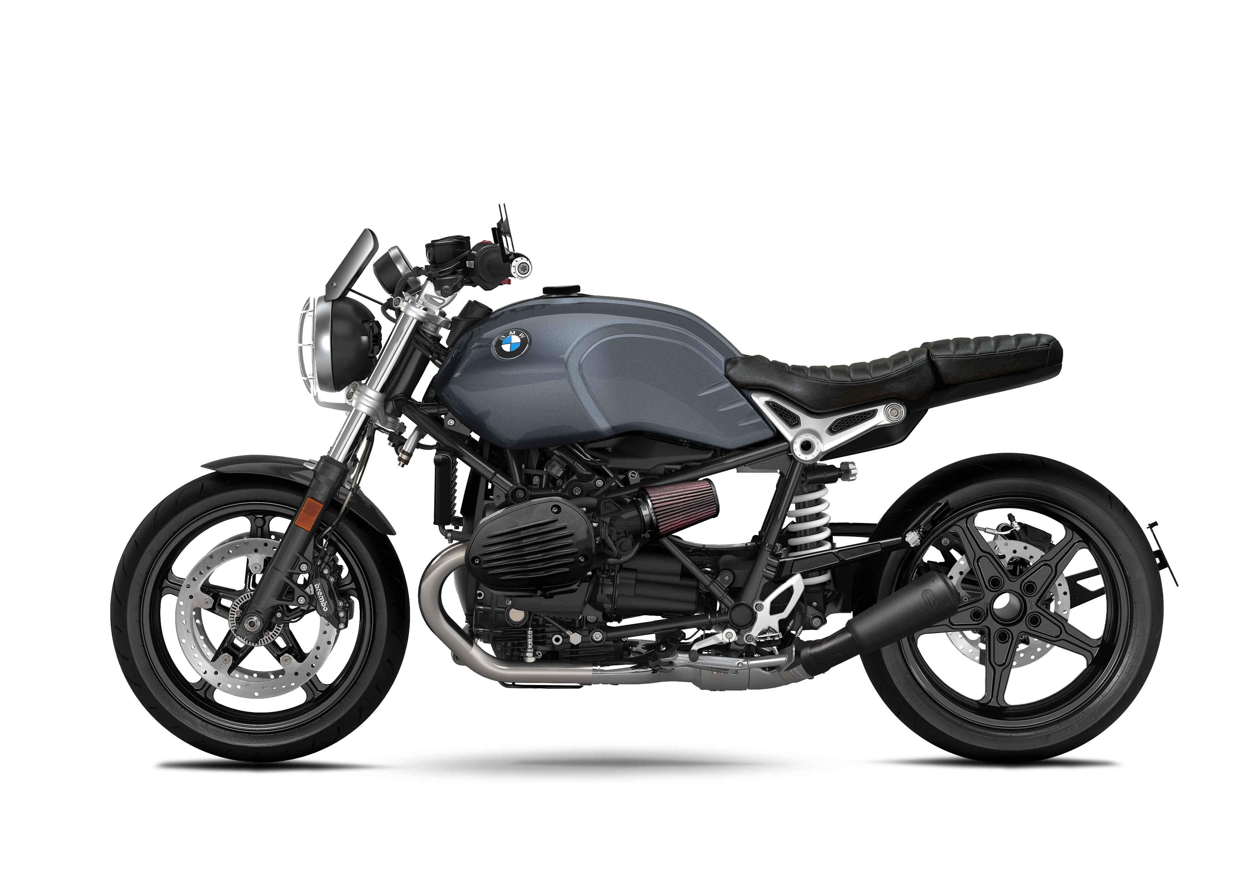 Moto BMW R NineT Pure préparée avec les pièces FCR Accessoires dont l'échappement silencieux titane peinture cérakote noire satinée