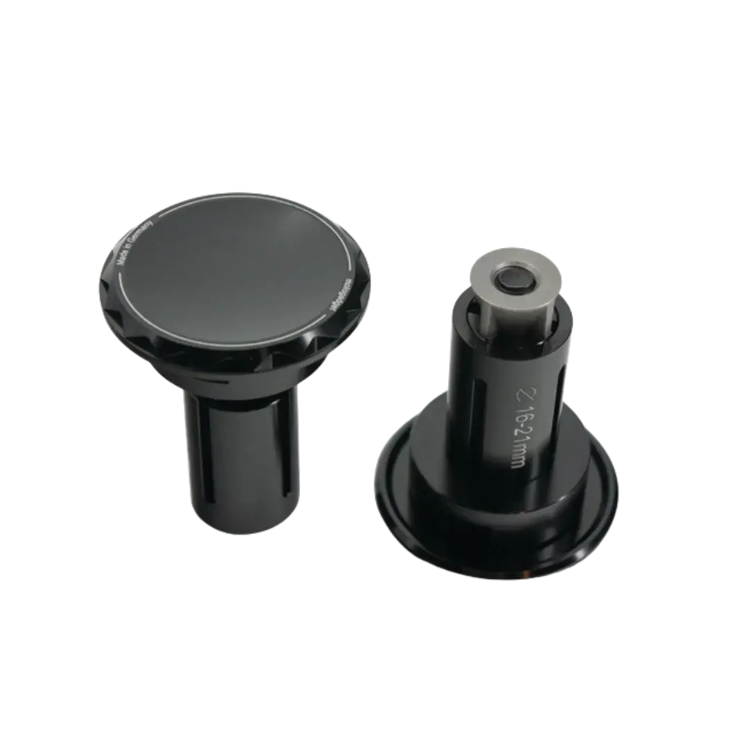 Embouts de guidon universels FCR Accessoires en aluminium noir, système d’expansion ajustable pour montage de rétroviseurs café racer.