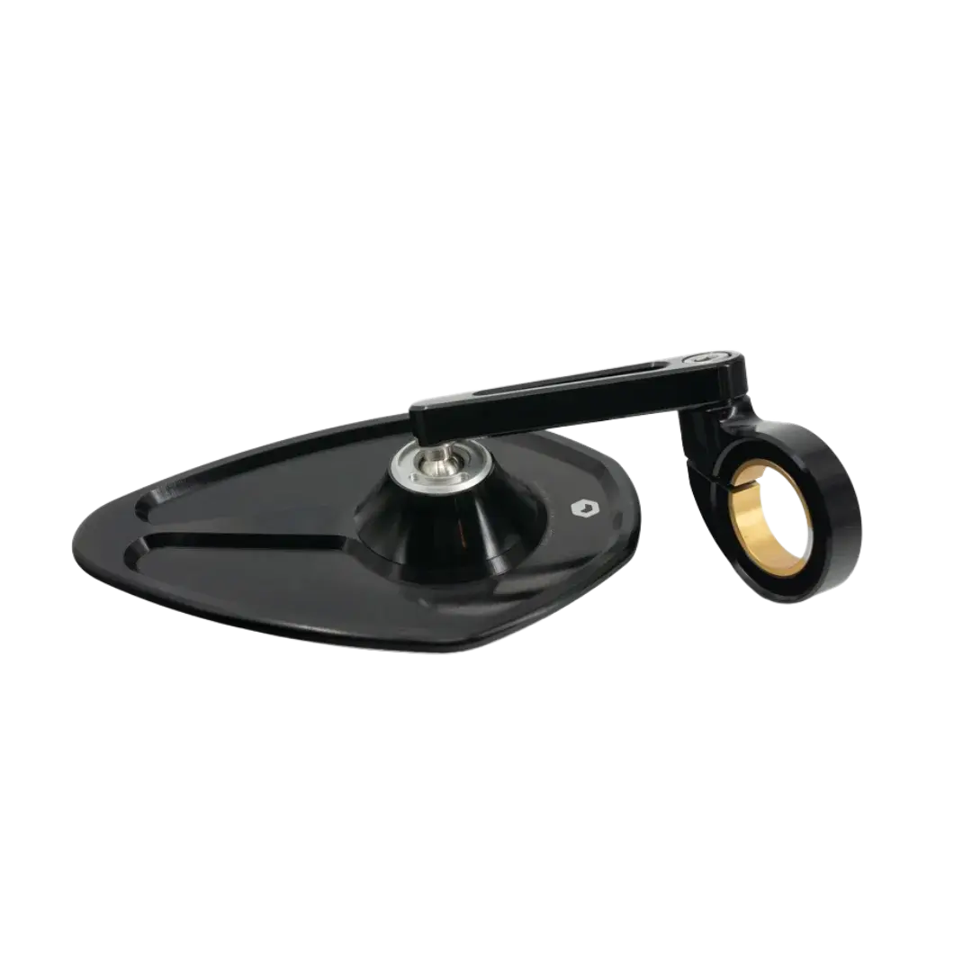 Rétroviseur moto universel FCR Accessoires, profil latéral montrant le bras articulé et le système de fixation plug and play