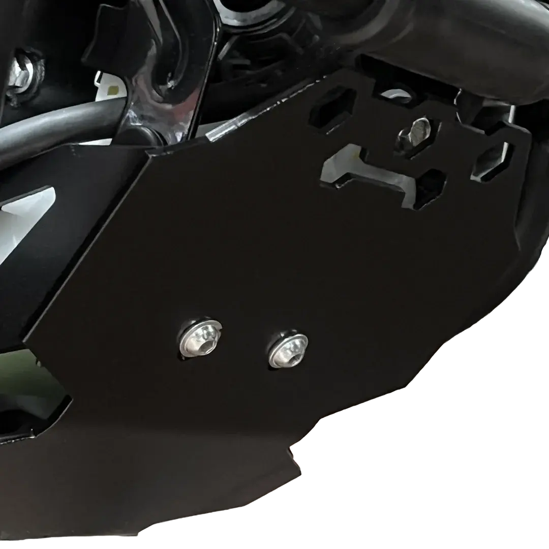 Détail sabot moteur Triumph 400 avec fixations renforcées et découpes hexagonales